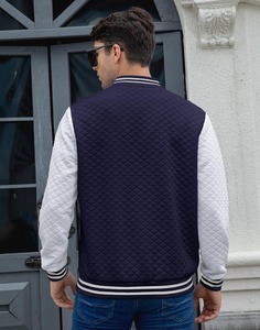 <b>Men's</b> Navy Blue Varsity <b>Jacket</b> Solid Color Button Closure Turn-down Collar Casual Style Autumn Wear Regular Fit - Product Image 3