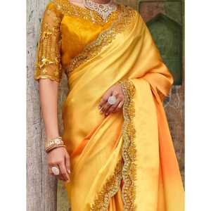 Hermoso amarillo bordado satén fiesta desgaste sari con blusa - Product Image 4