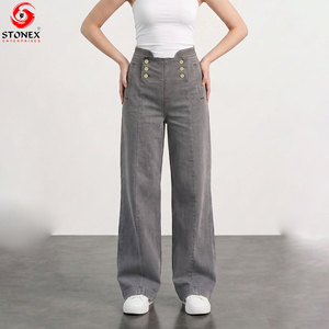 Jean en denim gris uni pour femme, taille mi-haute, coupe large, respirant, ample, longueur intégrale, style streetwear, écologique, avec impression de logo personnalisé - Product Image 4