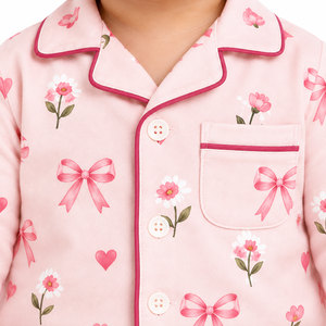 Pyjama 2 pièces pour bébés filles, motif floral rose, avec nœud, chemise à manches longues et pantalon à imprimé cœurs et fleurs, pour nourrissons et tout-petits - Product Image 2