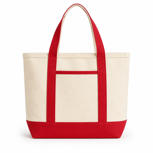 Sac fourre-tout en toile crème moyen réutilisable pour cadeaux et courses, avec poignées d'épaule rouges, poche avant, soufflet et impression de logo personnalisé, écologique - Product Image 1