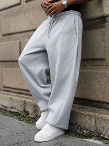 Pantalon de survêtement en coton gris clair pour homme, couleur unie, coupe ample, taille à cordon, longueur intégrale, poches latérales, pantalon décontracté d'automne - Product Image 5