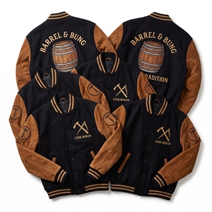 Chaqueta Letterman al por mayor, abrigo universitario de lana verde oscuro con bordado de abeja de la apiaria, mangas de cuero crema - Product Image 2