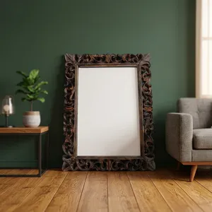 Hand Carved Wooden <b>Wall</b> <b>Mirror</b> Frame Brown Finish Rectangular <b>Hanging</b> <b>Mirror</b> Frame for Vertical or Horizontal Display Home - Product Image 5
