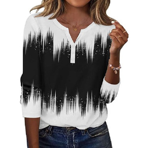 Blusa de Mujer con Cuello en V, Estampado Degradado, Manga Tres Cuartos, Corte Holgado Informal, Top de Primavera/Verano, Tejido Popelina Transpirable - Product Image 6