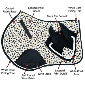 Crossedge Leopard Print Saddle Pad Set Diamond Quilted Jump Pad with Matching Ear <b>Bonnet</b> Crochet Fly Veil with White Cord Piping - Product Image 2