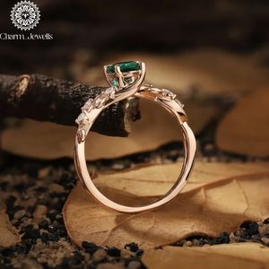 Charm_Jewells Rose Gold Emerald <b>Ring</b> With Diamond Accents Plant Design Romantic Engagement <b>Ring</b> For Women - Product Image 2