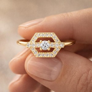 Moissanite Round Cut Hexagon Shape Halo <b>Ring</b> For Womens original 925 Silver Fine Yellow Rhodium Bridal Proposal Gift For Partner - Product Image 1