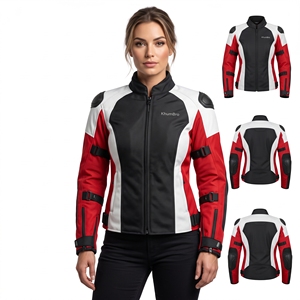 Blouson de moto pour femme KhumBro, manches longues, en PU, coupe-vent, color-block rouge, noir, blanc, toutes saisons, vêtements de course - Product Image 1