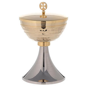 Ciborio de Latón Chapado en Oro y Plata con Tapa y Cruz, Recipiente Decorativo Religioso para Uso en la Comunión, Misa y Altar de la Iglesia Católica - Product Image 1