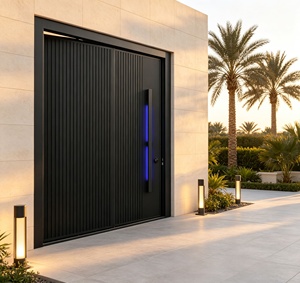 Modern Minimalist Steel Entry Door with Vertical Groove Design and Blue LED Handle <b>Swing</b> Style Anti-Theft Security Exterior Use - Product Image 5