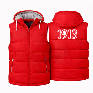 Delta |   Sigma |   Gilet matelassé Theta Sorority avec broderie personnalisée de lettres grecques, à capuche rouge, tricoté, imperméable et coupe-vent pour homme - Product Image 1