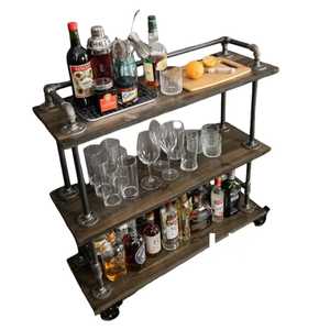 Carrito de Bar Rústico de 3 Niveles con Asa, Portavasos y Ruedas, Carrito de Servicio Industrial para Cocina, Carrito para Vino - Product Image 6