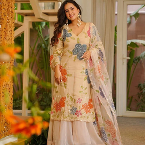 ชุดคุर्ติชาราร่าปักลายดอกไม้พร้อมผ้าคลุมไหล่สำหรับผู้หญิง – ชุดงานเลี้ยงสีพาสเทลสุดหรูหราพร้อมงานปักเลื่อมและงานปักดิ้น - Product Image 1