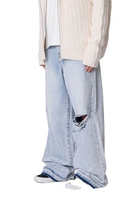 Jean en denim déchiré bleu moyen pour homme, 100 % coton, taille mi-haute, coupe ample décontractée, style streetwear vintage - Product Image 6