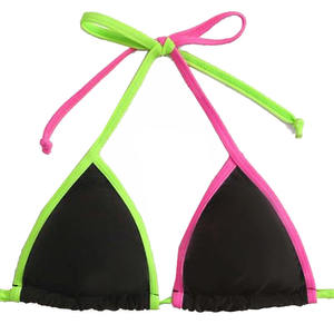 Conjunto de Bikini Ecológico para Mujer con Ribete en Contraste, Negro, Verde, Rosa, Top Triangular con Cuello Halter y Lazos Laterales, Traje de Baño de Dos Piezas en Spandex - Product Image 4