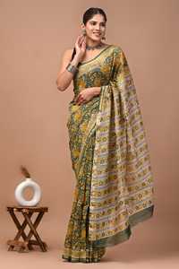 Sari en soie Chanderi pure imprimé à la main avec pièce de blouse – Sari élégant en soie Chanderi pure – Vêtement ethnique imprimé à la main - Product Image 2