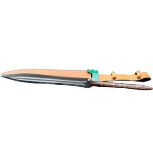 Cuchillo con mango de madera y hoja de acero inoxidable de filo recto, cuchillo de caza grueso con funda de cuero y ribete verde - Product Image 3