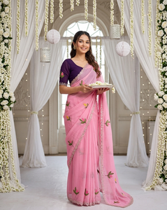Sari de Rayón Rosa Bordado con Diseño Floral, Traje Tradicional de Boda para Mujer, Estilo India-Pakistán, Largo hasta el Suelo, Corte Regular - Product Image 5