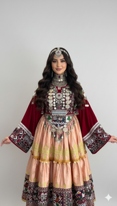 Robe ethnique afghane traditionnelle en bordeaux foncé et couches de tissu pêche doux, ornée de breloques vintage en pièces de monnaie argentées et multicolores - Product Image 3