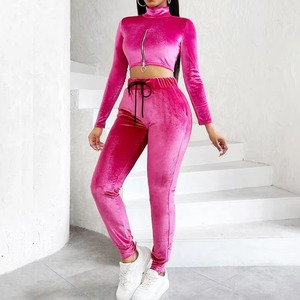 Conjunto Deportivo de Terciopelo Rosa para Mujer, Top Corto de Cuello Alto con Cremallera y Pantalones con Cordón, Ropa Casual de Otoño - Product Image 5
