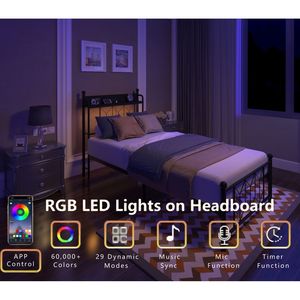 Solid Stable <b>Twin</b> <b>Bed</b> <b>Frames</b> with LED Headboard Charging Station Noise-Free No Box Spring Needed for Bedroom - Product Image 2