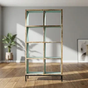 Étagère rustique en bois et fer à 8 cubes avec étagères ouvertes et finition vieillie pour le rangement dans le salon - Product Image 1