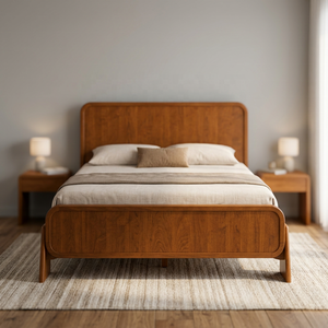 Lit en bois de manguier massif avec tête et pied de lit arrondis, lit plateforme en bois de style moderne du milieu du siècle - Product Image 2