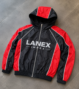 Custom Men Hooded Waterproof <b>Windbreaker</b> Jacket, <b>Black</b> Red Color Block Sports Coat, Lightweight Zip Up Outdoor Training Wear - Product Image 6