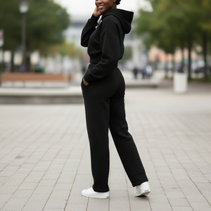 Ensemble de survêtement deux pièces sur mesure brodé, pull oversize, crop top à capuche et pantalon de jogging, grande taille, style hip-hop, hiver, longueur genou - Product Image 2