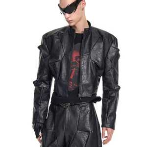 Veste en cuir véritable pour homme, style motard, col rabattu, fermeture éclair, patchwork embossé, coupe ajustée, longueur normale, printemps - Product Image 4