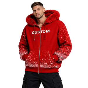 Sweat à capuche zippé pour homme, rouge, avec impression personnalisée, capuche en fourrure, polaire d'hiver, style streetwear, avec motif à pois dégradé - Product Image 4
