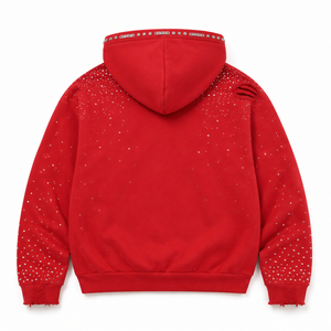 เสื้อฮู้ดซิปสีแดงแบบสั่งทำพิเศษ ประดับด้วยคริสตัล สไตล์สตรีทแวร์โอเวอร์ไซส์  ลายกราฟิกแบบดิสเทรส  ผ้าฝ้าย  ตกแต่งด้วยหมุด  และเนื้อผ้าหนา - Product Image 2