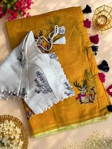 Sari en soie brodé pour femme, avec chemisier Khadi cousu, pallu à franges, tenue ethnique traditionnelle, sari moderne à séchage rapide, robe de fête - Product Image 4