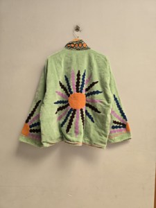 Mint <b>Green</b> <b>Velvet</b> Suzani Jacket for Women Handmade Celestial Sunburst Embroidery Boho Ethnic Designer Outerwear Wholesale Export - Product Image 2
