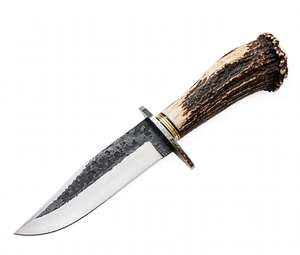 Couteau utilitaire artisanal en acier brut finition forgeée, pointe tombante, manche en corne de cerf, DIY OEM - Product Image 1