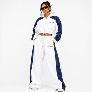 ONEAPEX <b>Women's</b> <b>White</b> Navy Hooded Windbreaker <b>Tracksuit</b> Quick Dry 100% Polyester Waterproof Zipper Jacket Full-Length Wide Leg - Product Image 1