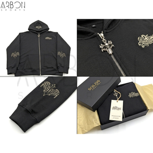 Sweat à capuche zippé noir pour homme 2026 OEM ODM, broderie gothique, streetwear, molletonné, avec logo personnalisé, décontracté, pour l'hiver - Product Image 2