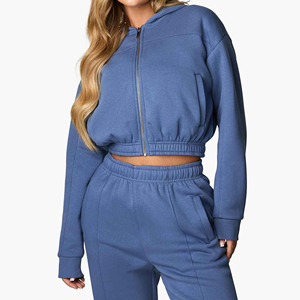 Hooded Crop Zipper Sweatshirt Solid Blue Fleece Oversized Casual Autumn Wear Regular Sleeve Unisex - Product Image 1