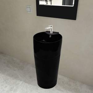 Grifo de lavabo de cerámica negro independiente para lavabos de baño con orificio de desbordamiento - Product Image 1