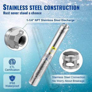 Pompe submersible pour puits profond 3HP/2200W 230V/60Hz avec débit de 37 GPM, hauteur de refoulement de 640 pieds, cordon électrique de 33 pieds, pompe à eau en acier inoxydable de 4 pouces - Product Image 4