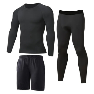 Quick Drying Comfortable Base Layer Workout Sportswear Black Color 3PCS Men Compression Set Long Sleeve Shirt <b>Shorts</b> & Leggings - Product Image 1