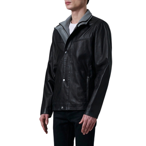 Veste moto en cuir véritable pour homme, col montant, fermeture éclair, coupe classique, couleur unie noire, pour l'automne - Product Image 4