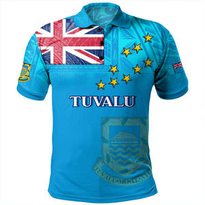 Polo pour homme bleu à motif floral polynésien, manches courtes, 100% polyester, coupe classique, design décontracté avec imprimé - Product Image 1