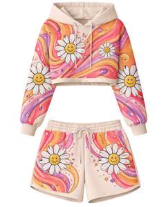 Conjunto de Sudadera Corta y Pantalones Cortos Multicolor para Mujer, Estampado Gráfico de Margaritas Sonrientes, Atuendo Casual de Dos Piezas, Algodón y Felpa, Fabricante Mayorista - Product Image 1