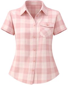 Custom Blush Pink And Plaid Womens Short Sleeve Button Up Shirt Casual Summer Lightweight Breathable Checkered Top With Pocket - Product Image 2