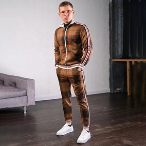 Factory Custom Men's Check Print Sublimated Bomber <b>Jacket</b> Tracksuit Zip Enclosure Ribbed Hem & Cuffs Stripe Zipper Sweat Suit - Product Image 4