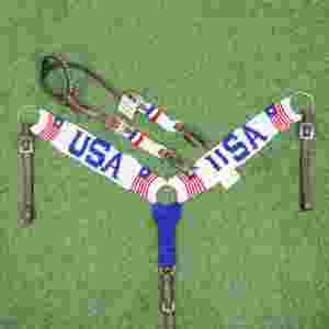 ชุดอุปกรณ์ขี่ม้าขนโมแฮร์ลายธงชาติอเมริกันของ USA Brading พร้อมหนังอาร์เจนตินา สายรัดอกขนาด 32 นิ้ว บังเหียนขนโมแฮร์สำหรับม้า - Product Image 2