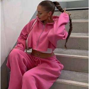Ensemble de survêtement décontracté 2 pièces pour femme : sweat à capuche en polaire rose et pantalon large, coupe ample, toutes saisons - Product Image 3