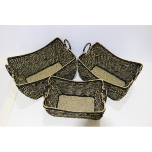 Set of <b>3</b> Woven Seagrass <b>Storage</b> Basket with Round Wooden Handles Black Accent Shelf Organizer <b>Bin</b> - Product Image 5
